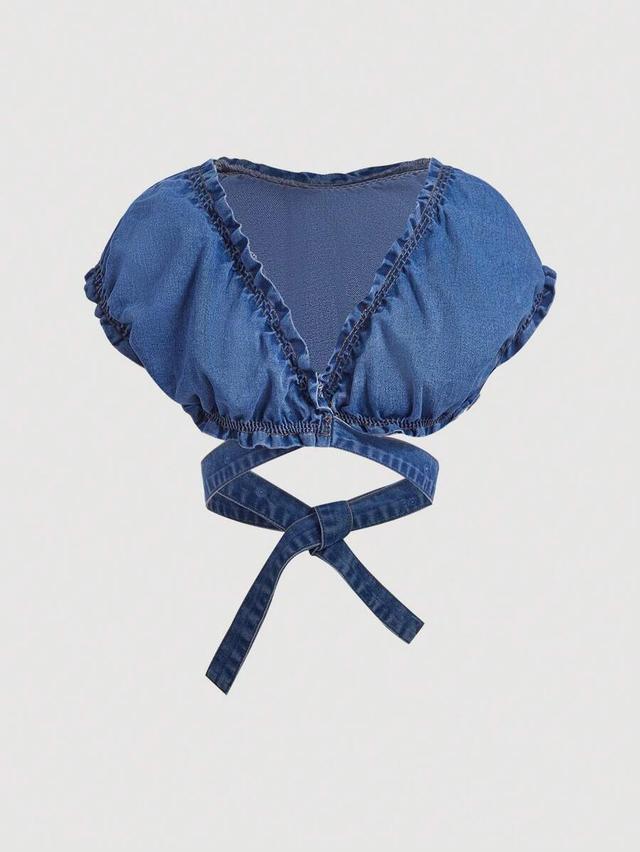 frill trim knot design casual denim blouse