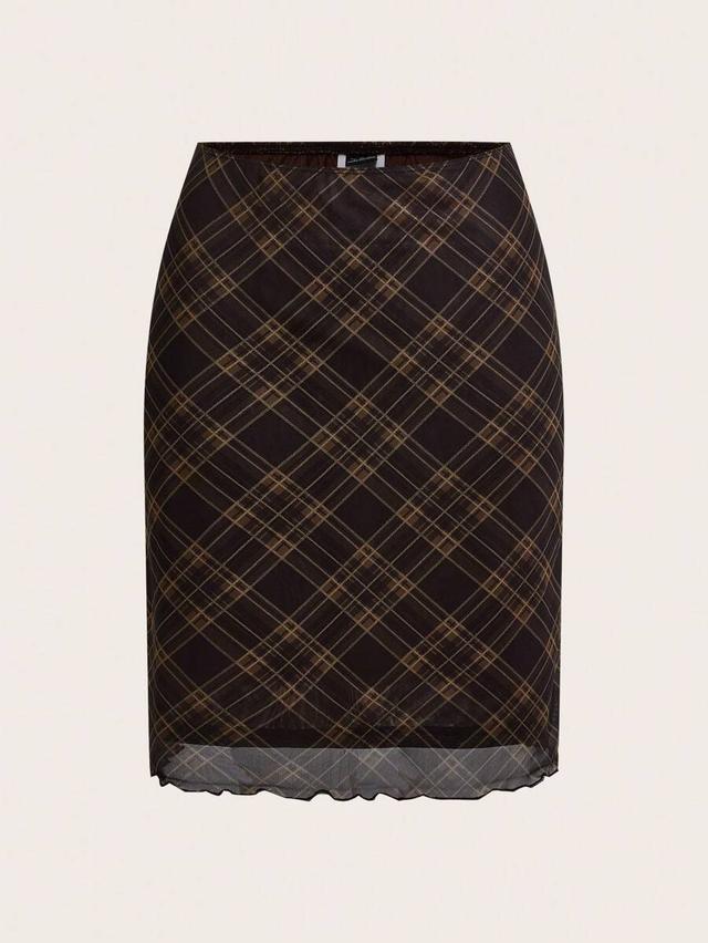 brown plaid woven knee-length skirt