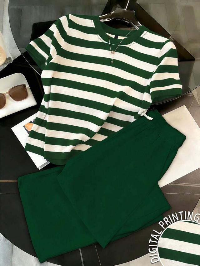 dark green and white striped short sleeve top