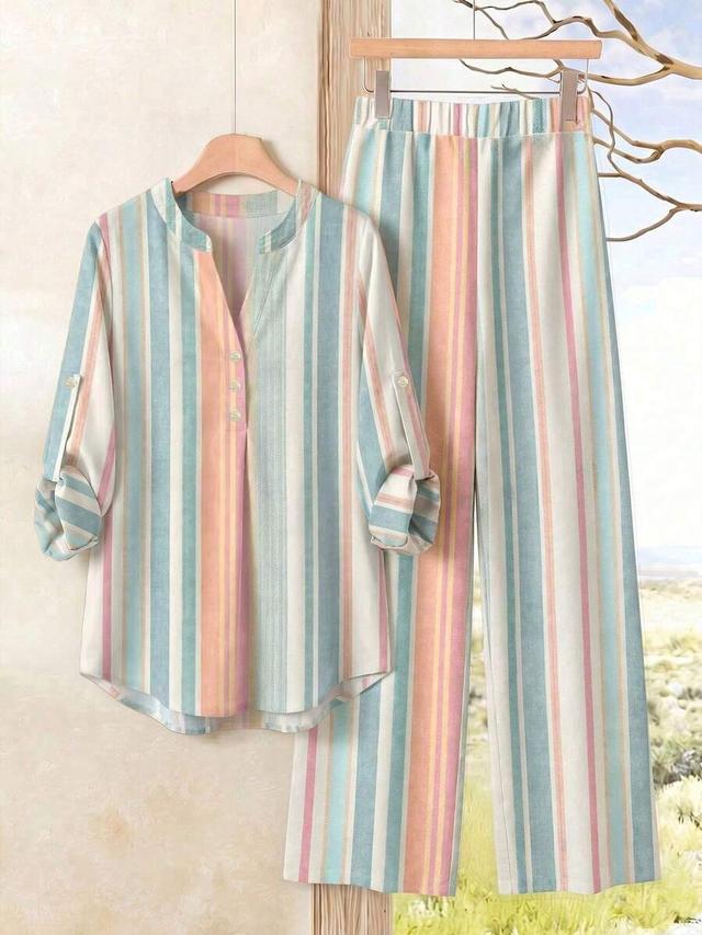 casual striped long sleeve shirt and pants set