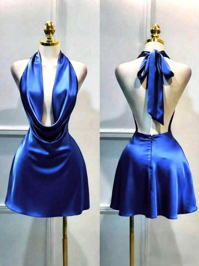 solid blue satin draped backless mini dress