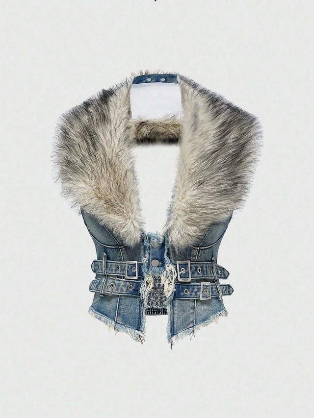 y2k denim vest with removable faux fur collar