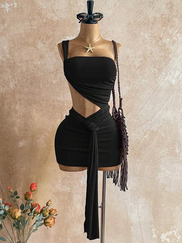 solid black asymmetric waist cutout ruched mini dress