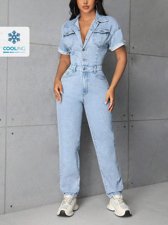 light wash denim short sleeve jumpsuit