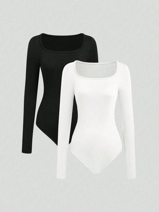 black square neck long sleeve casual bodysuit