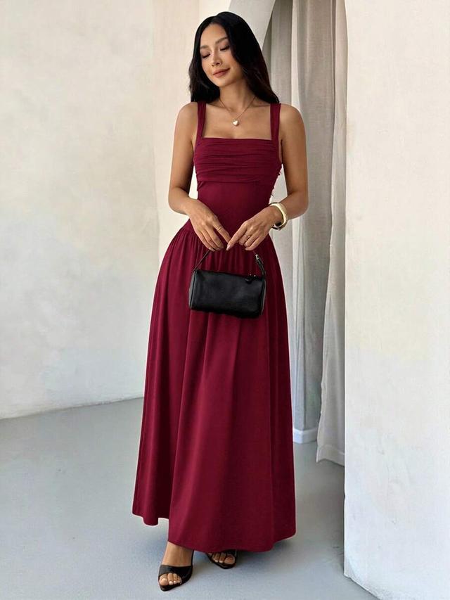 elegant solid color brown coffee square collar flared dress