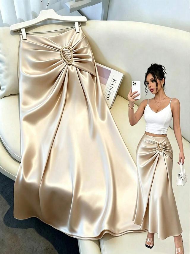 champagne satin midi skirt with metal buckle detail