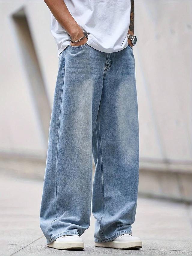 men's casual street style light blue loose fit jeans