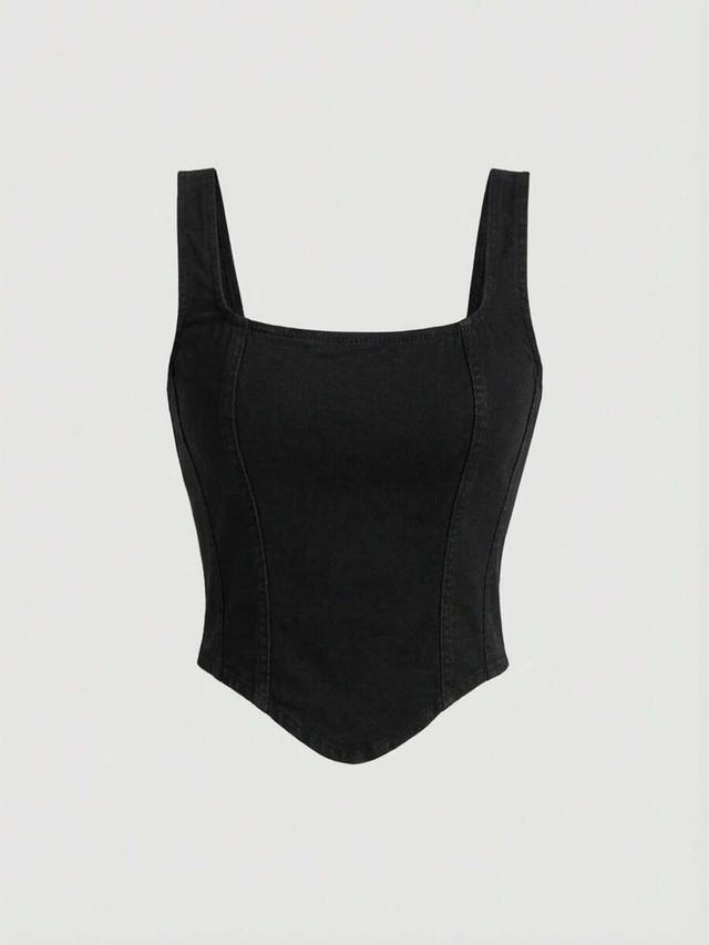 black square neck asymmetric hem denim corset top