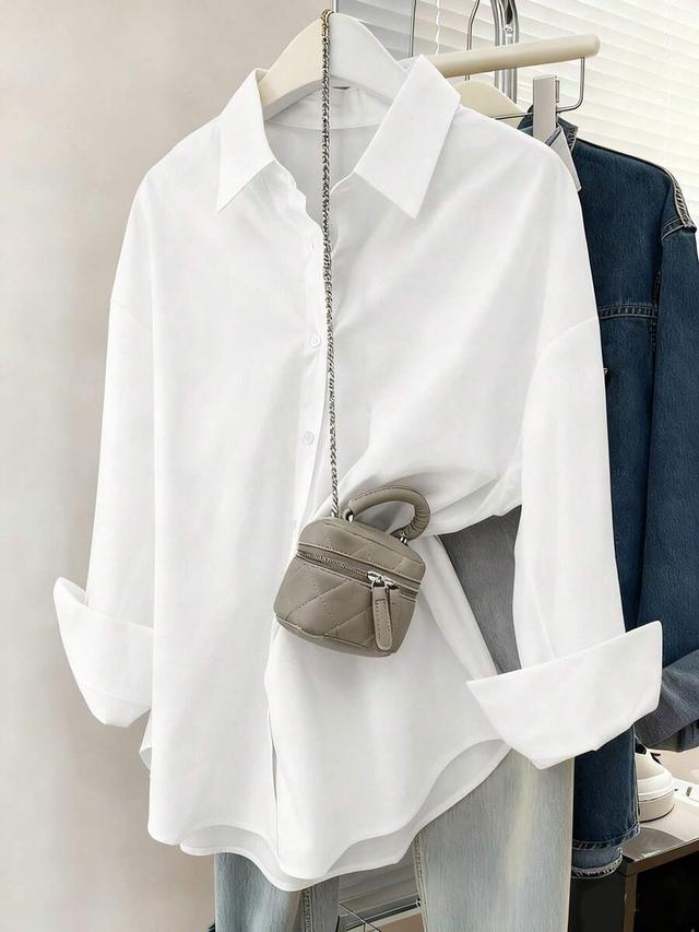 women's solid white drop shoulder long sleeve shirt