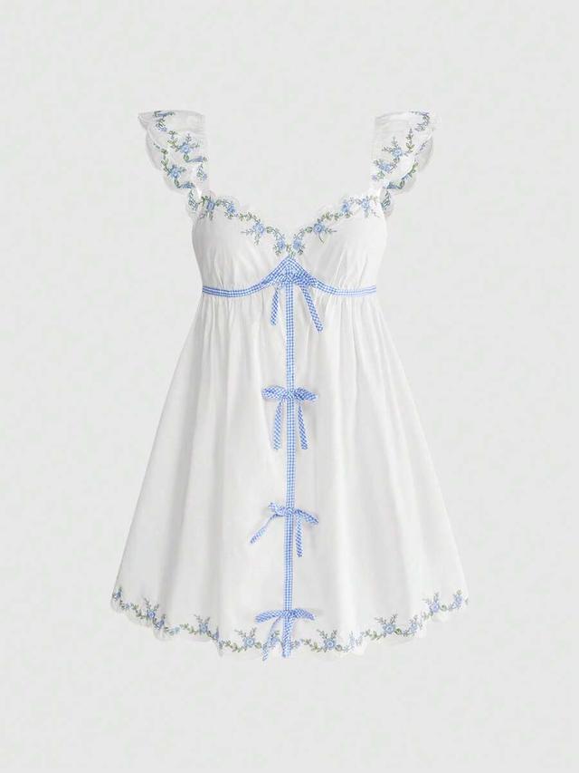 french style floral embroidery cap sleeve mini dress