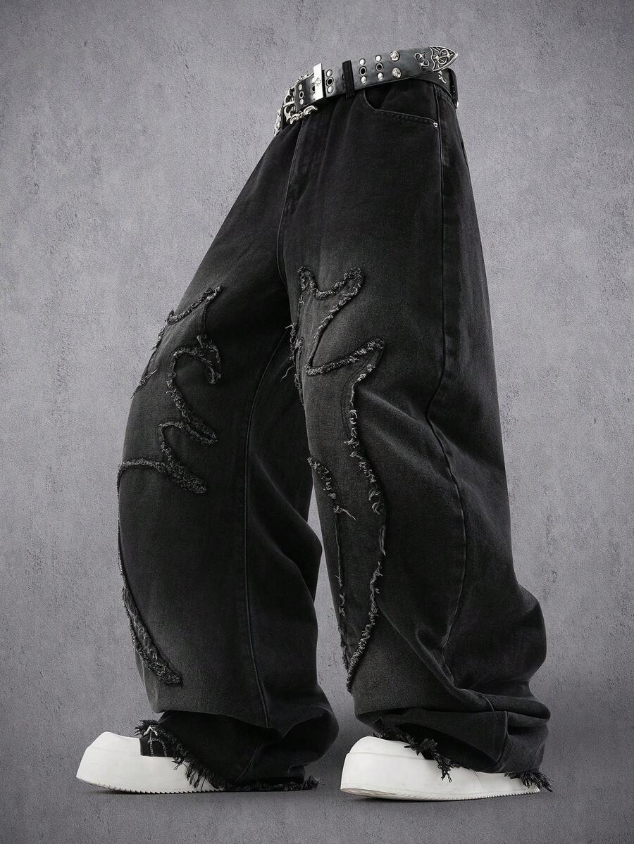 washed black embroidered frayed hem loose denim pants