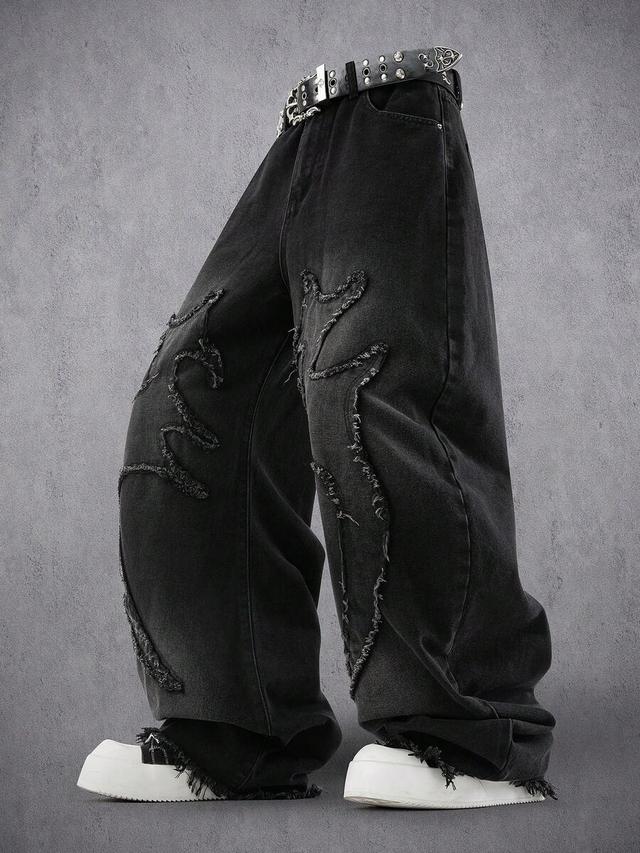 washed black embroidered frayed hem loose denim pants