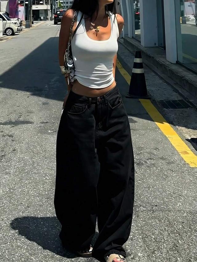 women's high rise black oversized baggy denim jeans