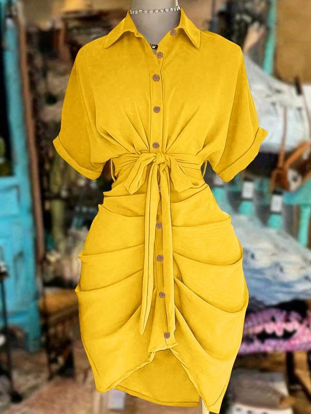 mustard yellow button-down shirt dress with waist tie