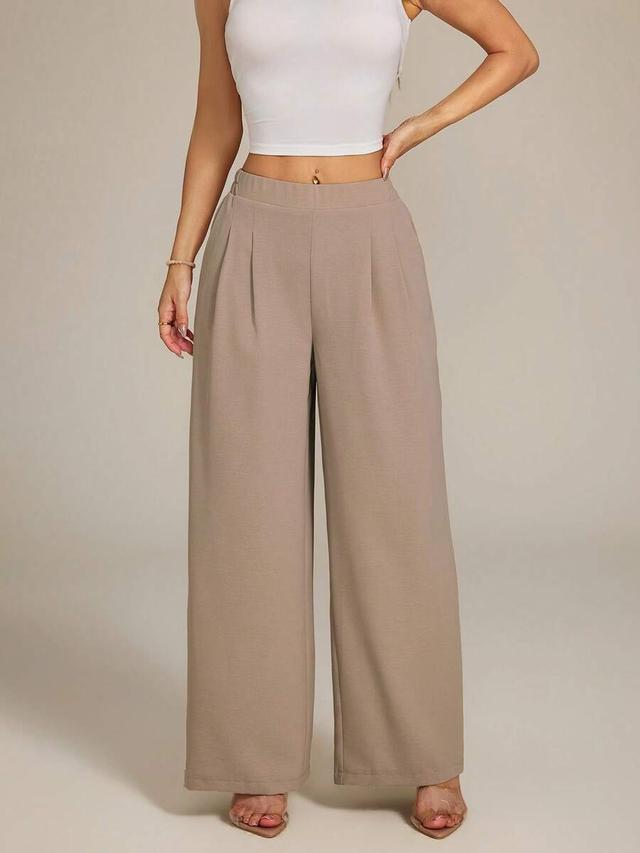 high-waist khaki pleated wide leg trousers