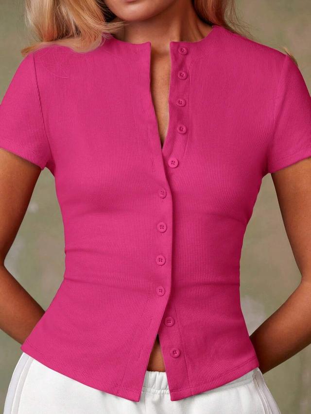 fuchsia pink ribbed button-down short-sleeved fitted top