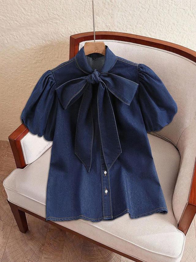 dark wash denim blouse with pussy bow