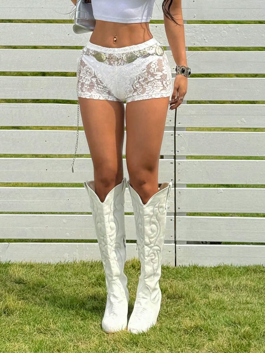 white floral lace elastic waist sexy shorts