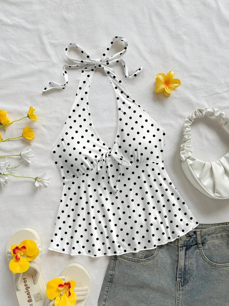 polka dot v-neck halter babydoll top