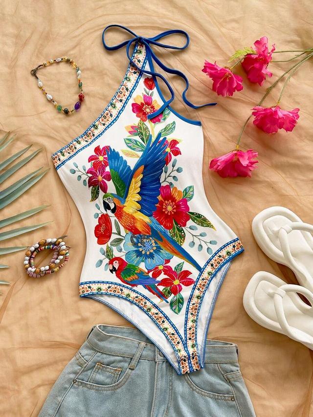 asymmetrical shoulder parrot print knit bodysuit