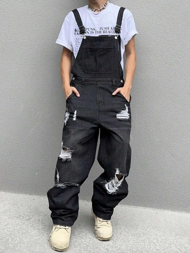 ripped black denim street wear overalls
