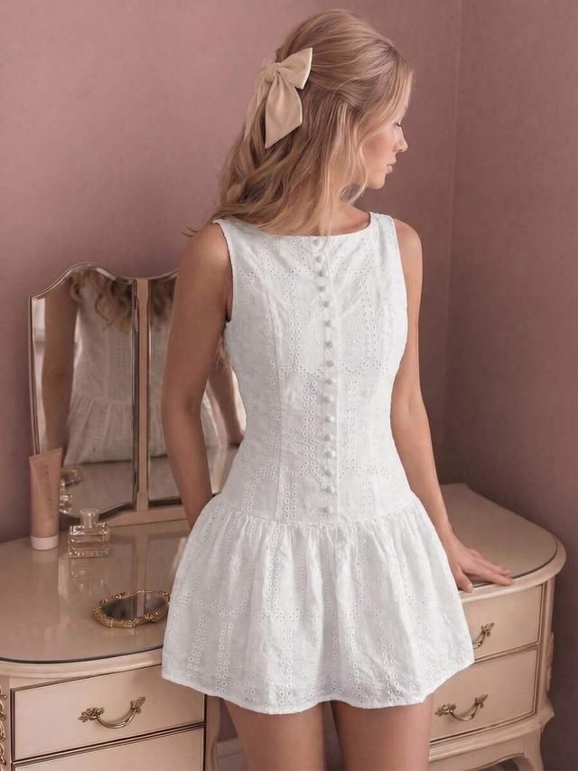 white sleeveless eyelet embroidered drop waist mini dress