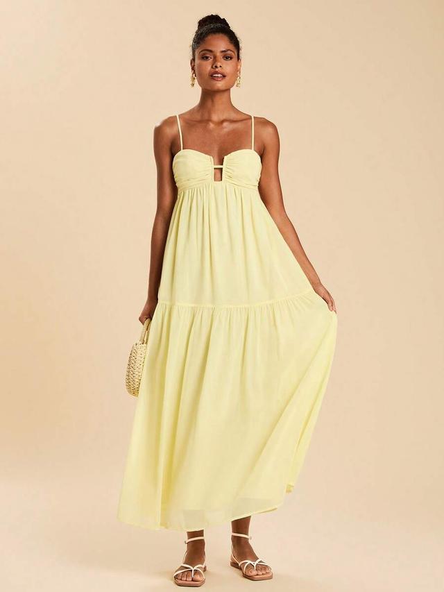 pale yellow pleated maxi slip dress
