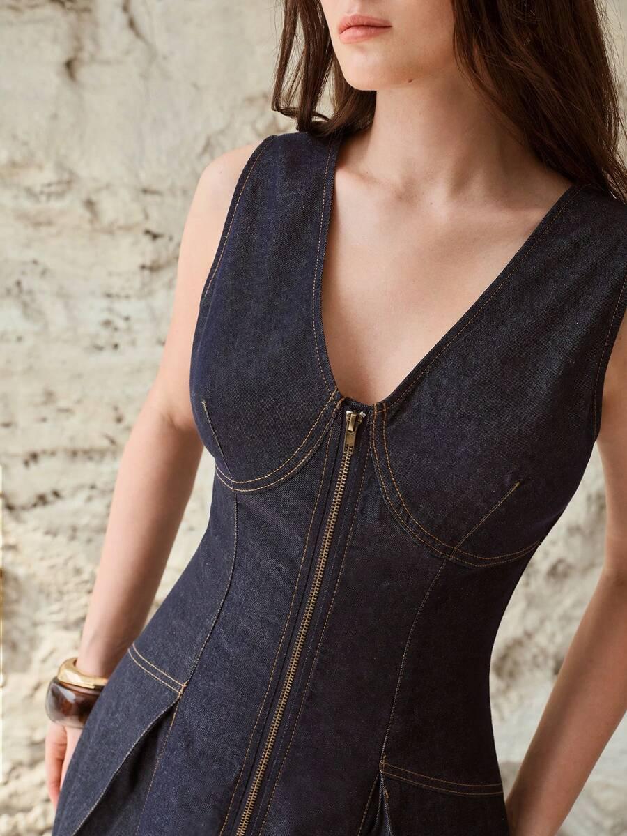 premium dark wash denim midi dress with zip front