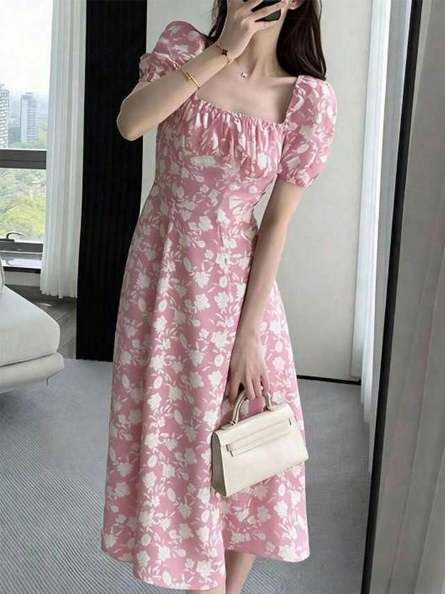 pink ditsy floral square neck midi dress