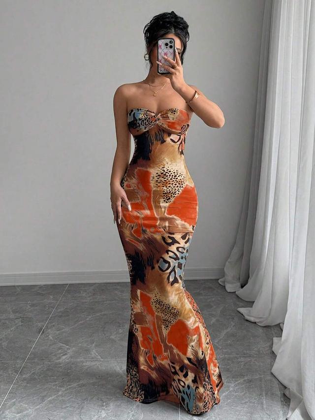 strapless printed bodycon maxi dress