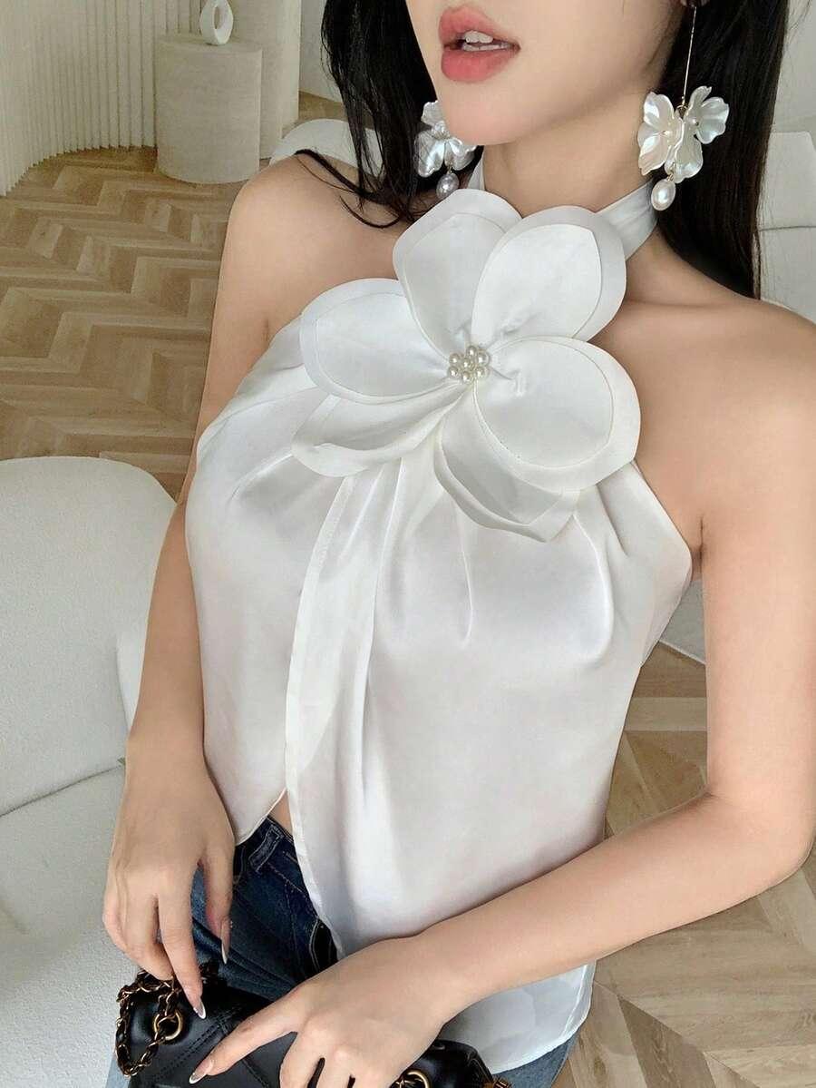 white satin halter top with 3d floral applique