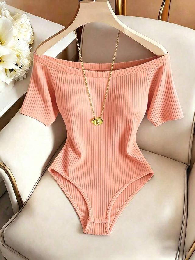apricot ribbed off-shoulder short sleeve bodysuit