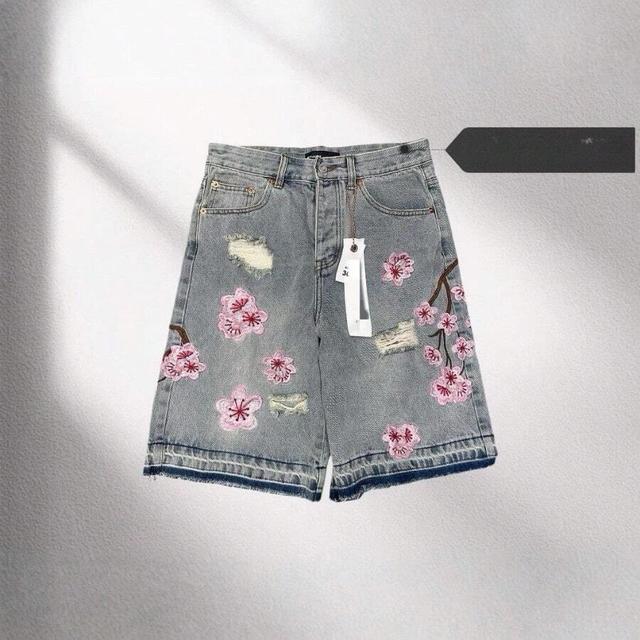 light wash vintage washed cherry blossom embroidered denim shorts