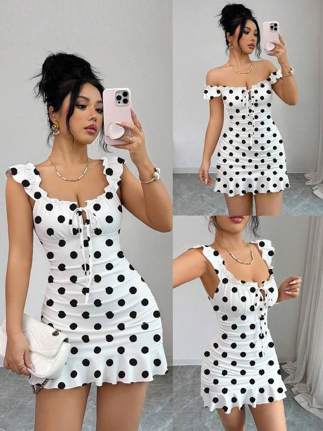 white polka dot ruffled mini dress