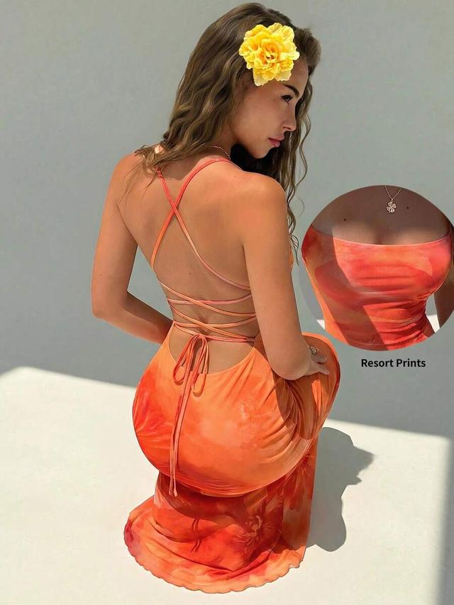 burnt orange tropical print backless knit maxi dress