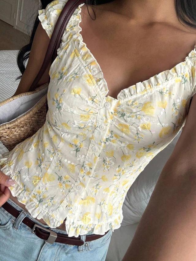 yellow floral ruffle trim single-breasted shirt