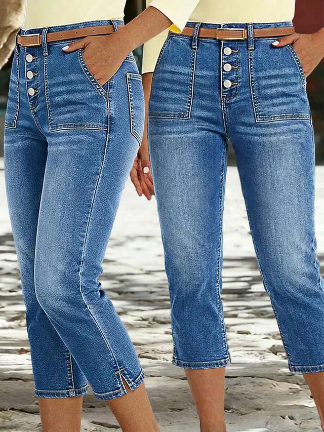 women's button-front denim mid-length capri pants