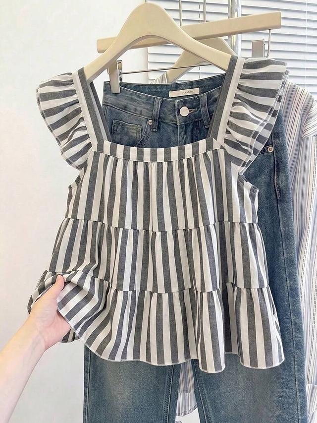 striped multi-layer ruffle cap sleeve blouse