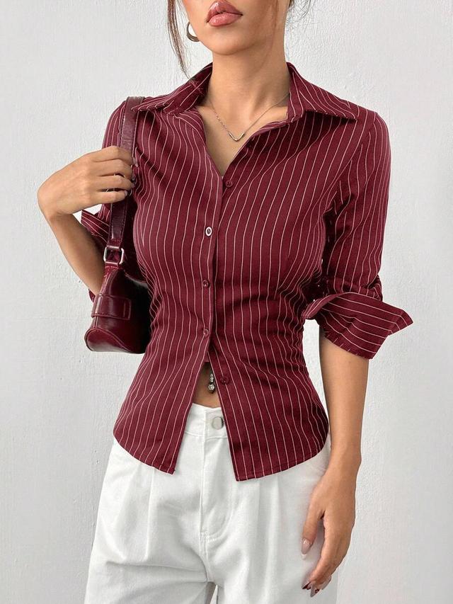 burgundy striped button down long sleeve shirt
