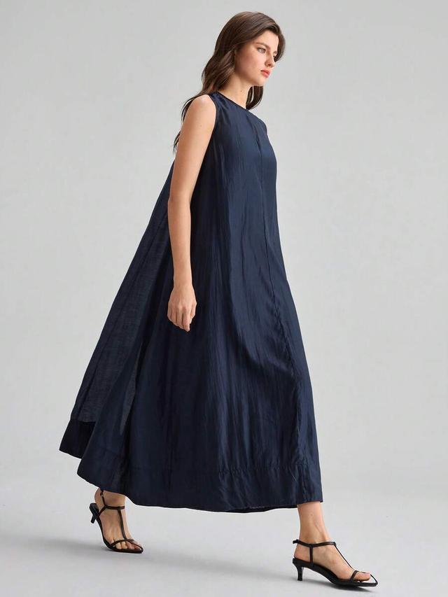 ontre 2026ss navy blue sleeveless woven long dress