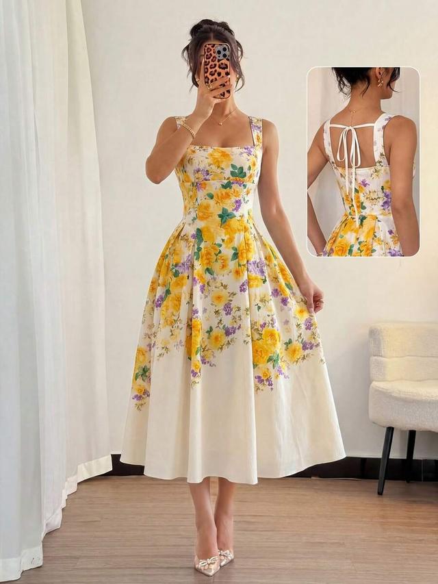 floral print tie-waist a-line midi dress