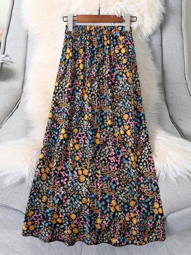 black floral ditsy elastic waist long casual skirt