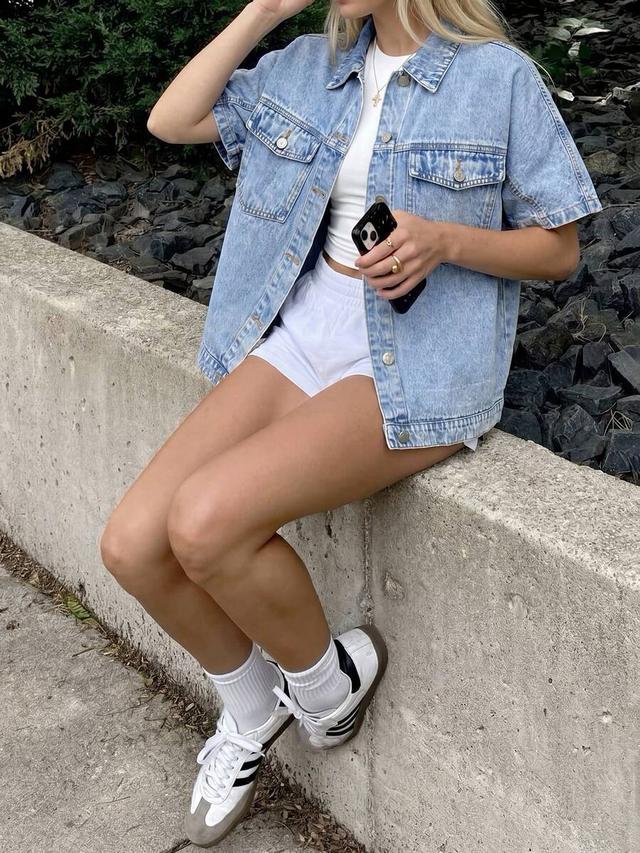 light wash denim short sleeve shirt jacket