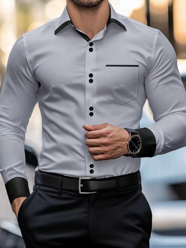 grey and black color block patchwork formal shirt