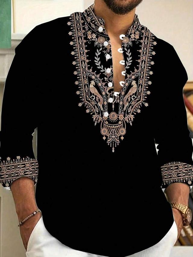 black long sleeve button up shirt with ornate print