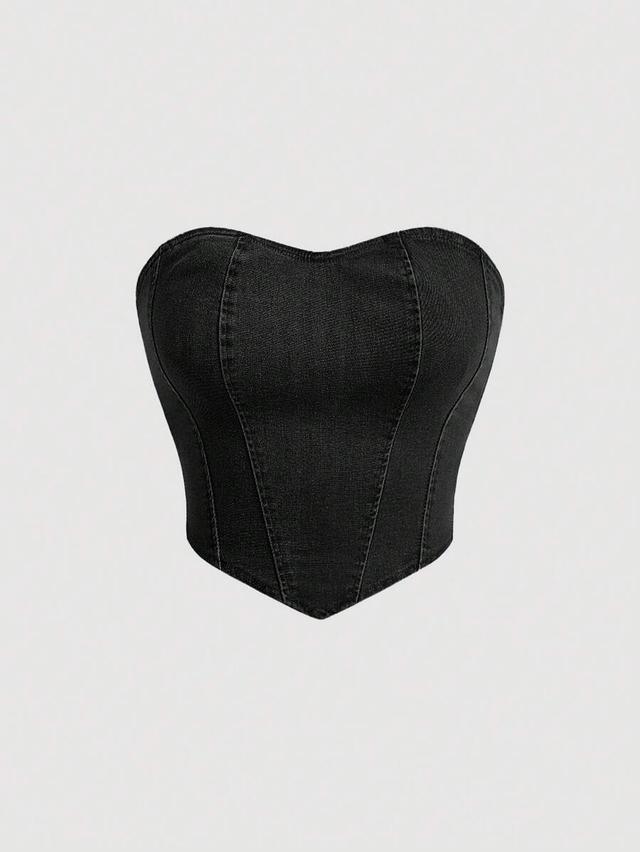 black denim strapless corset top with asymmetric hem