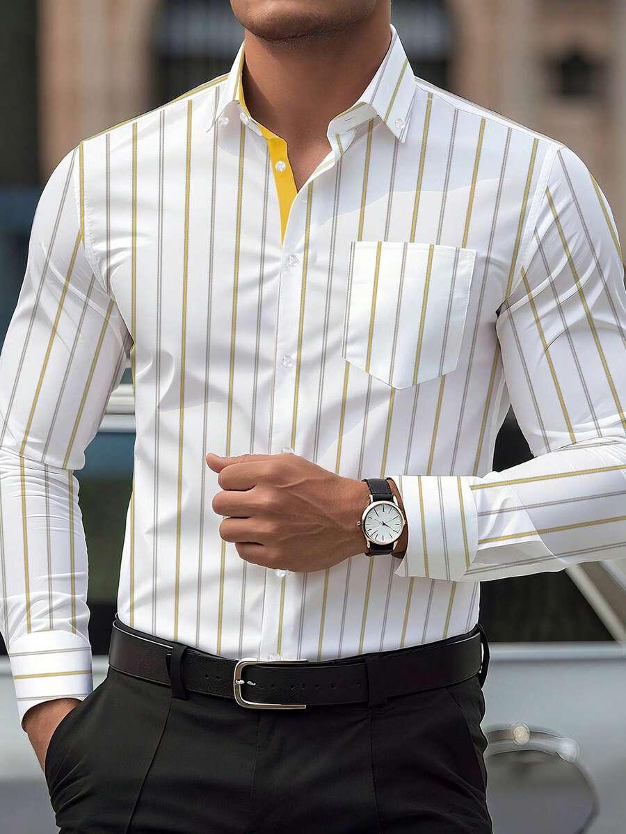 men's striped print long sleeve dress shirt