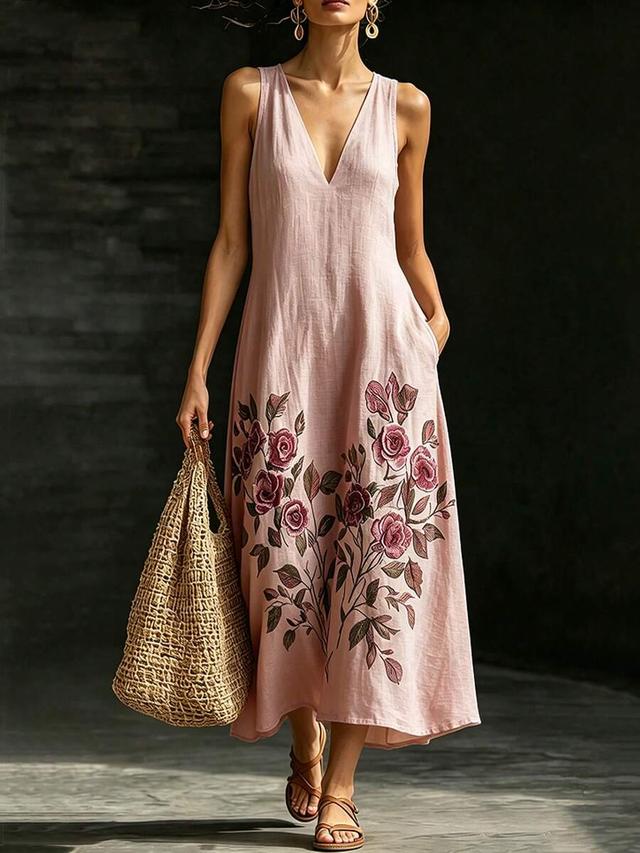 breezaya pink floral embroidered v-neck sleeveless flare dress