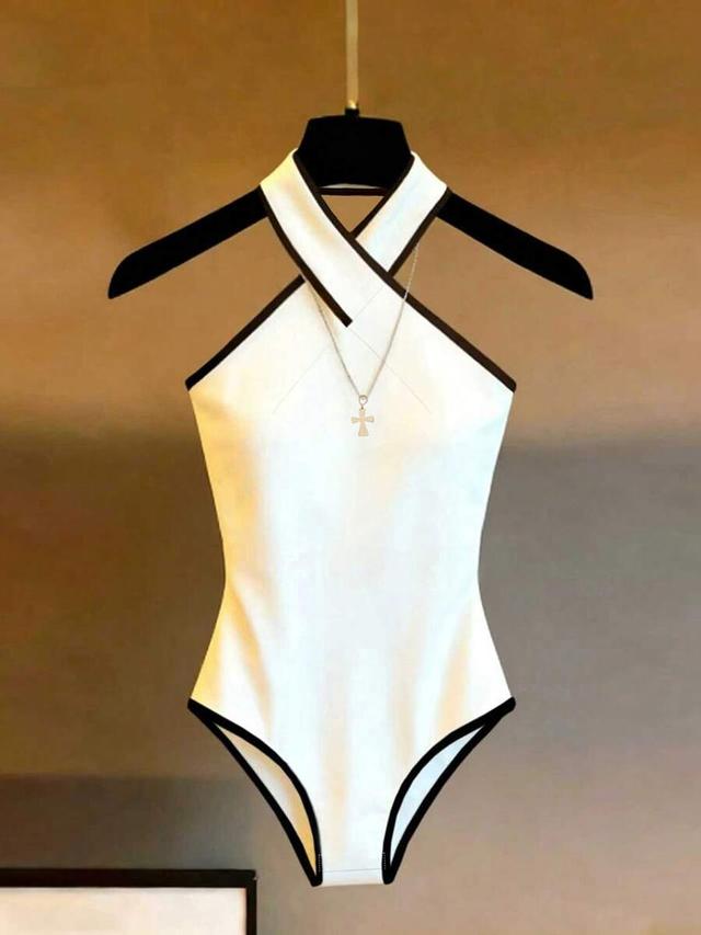 white halter neck criss-cross trim fitted bodysuit